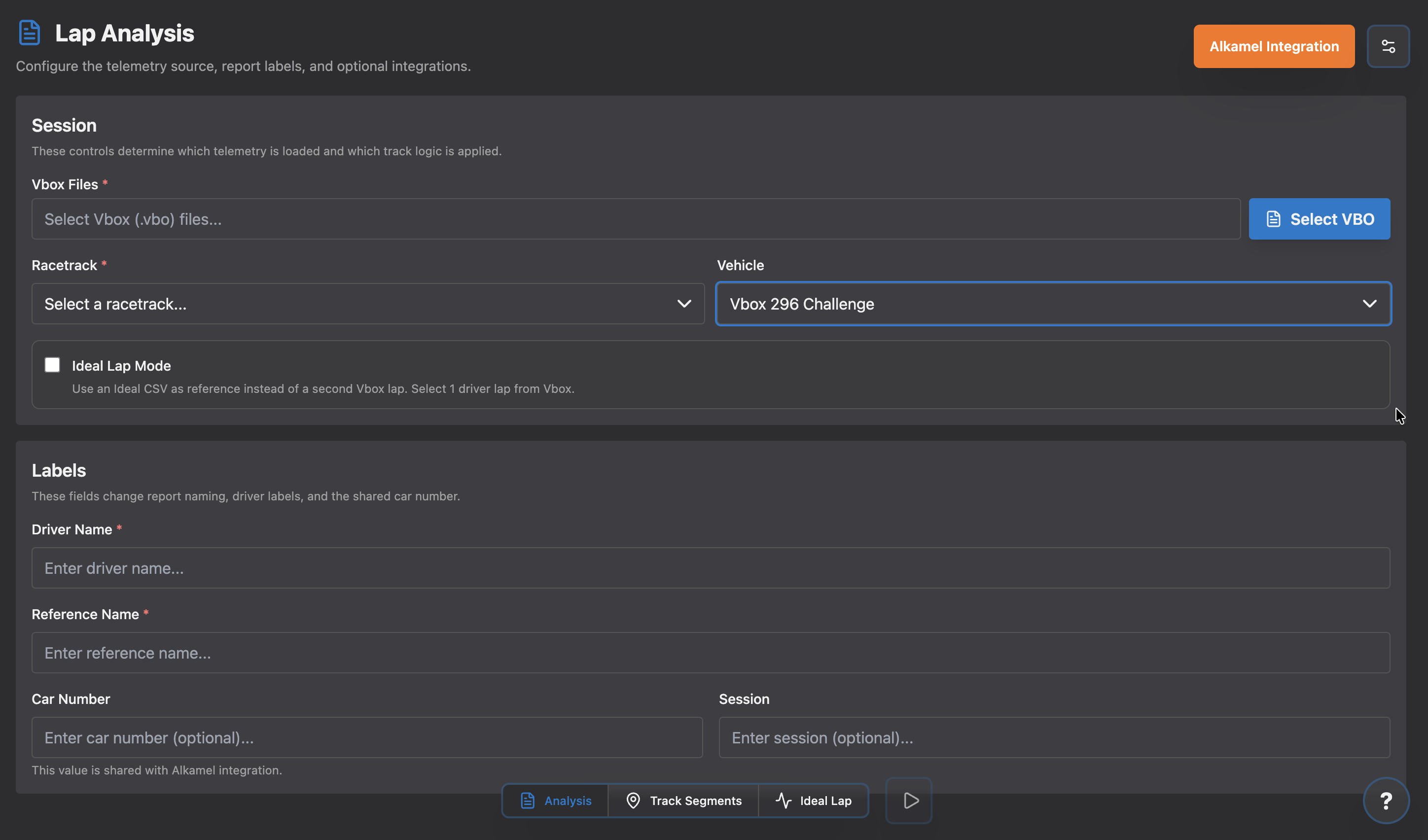 Lap Analysis Launcher workflow screen with session setup, labels, and output controls.